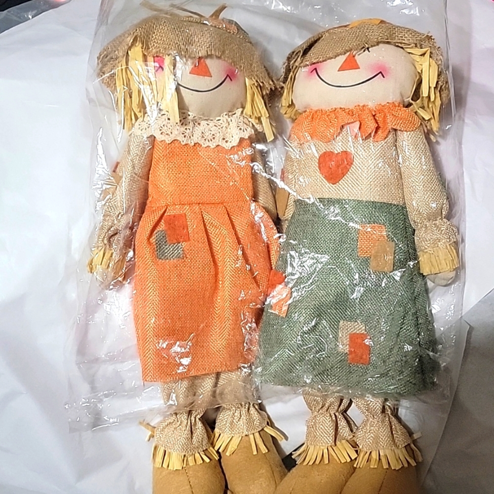 2 NEW Raggedy Ann Style Scarecrows  Burlap Wood Corn Straw Hair Mini